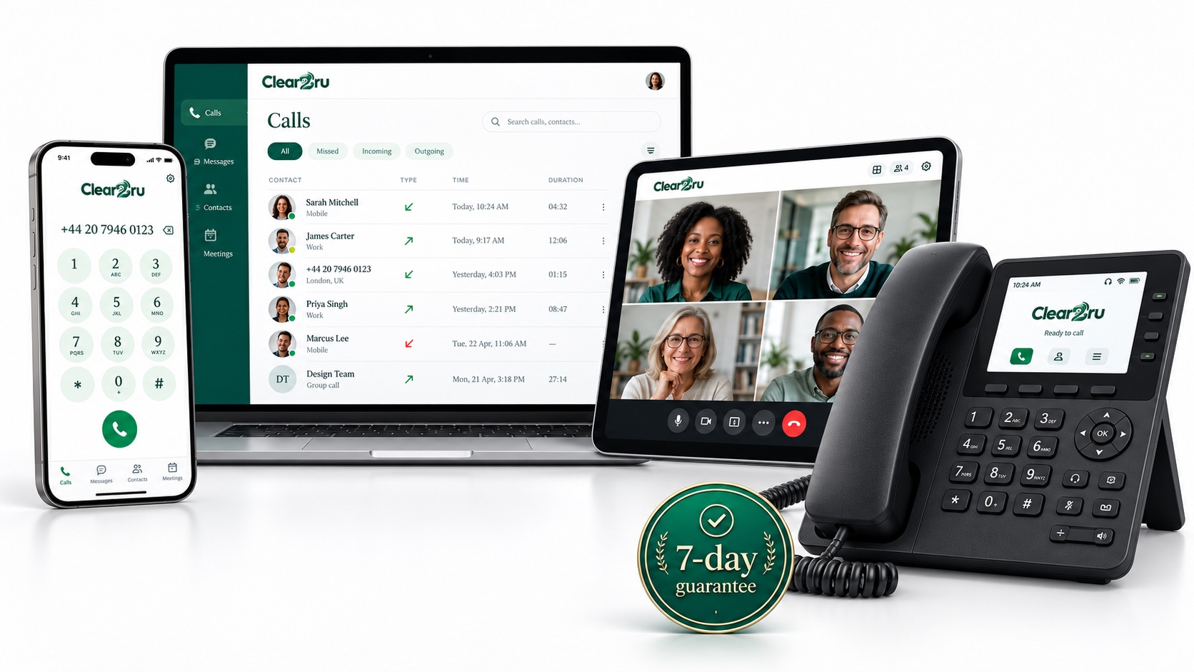 Clear2ru product illustration showing business calls on a laptop and mobile, a video meeting on a tablet, a VoIP desk phone and a 7-day guarantee badge