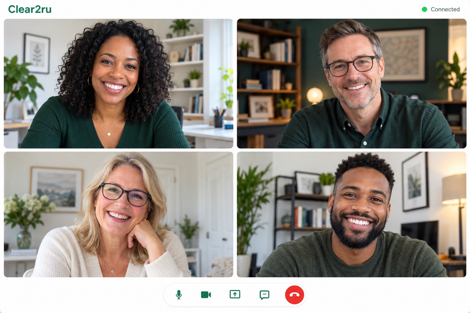 Four happy participants joining a Clear2ru video call from separate locations