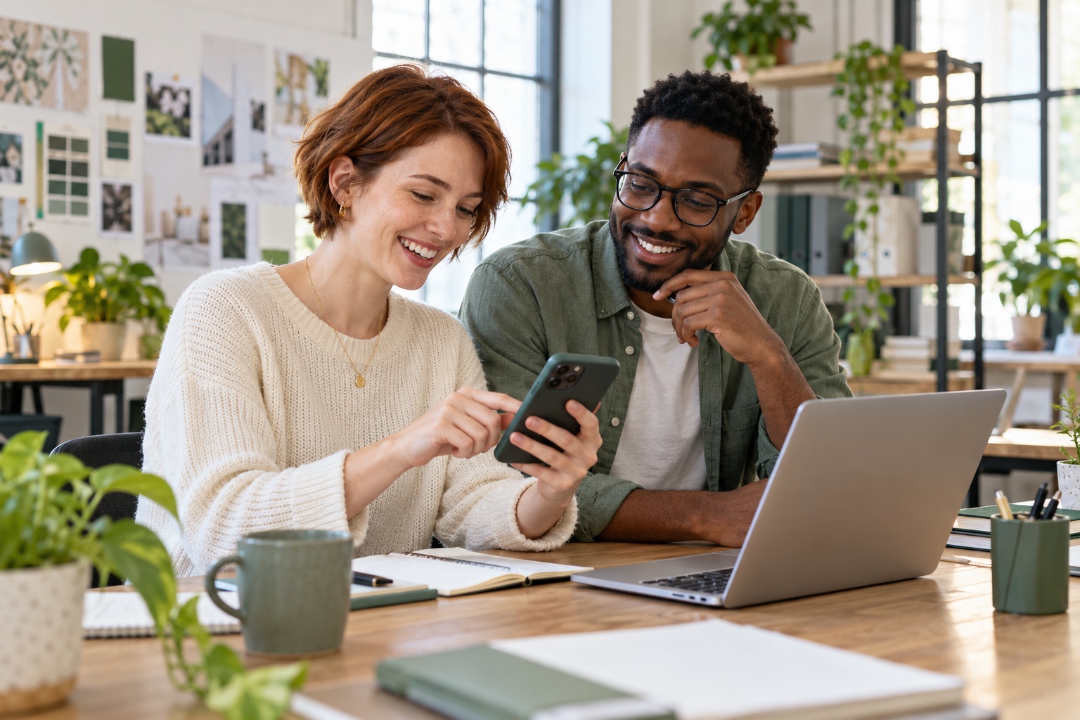 Two teammates reading a message on a business phone