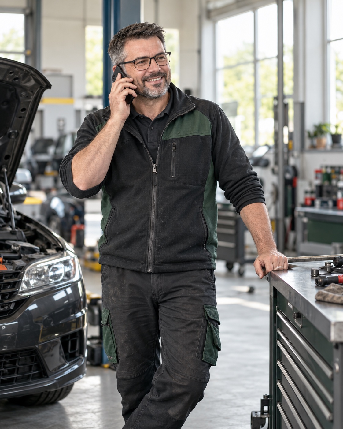 A garage owner taking a business call beside an open car bonnet in his workshop