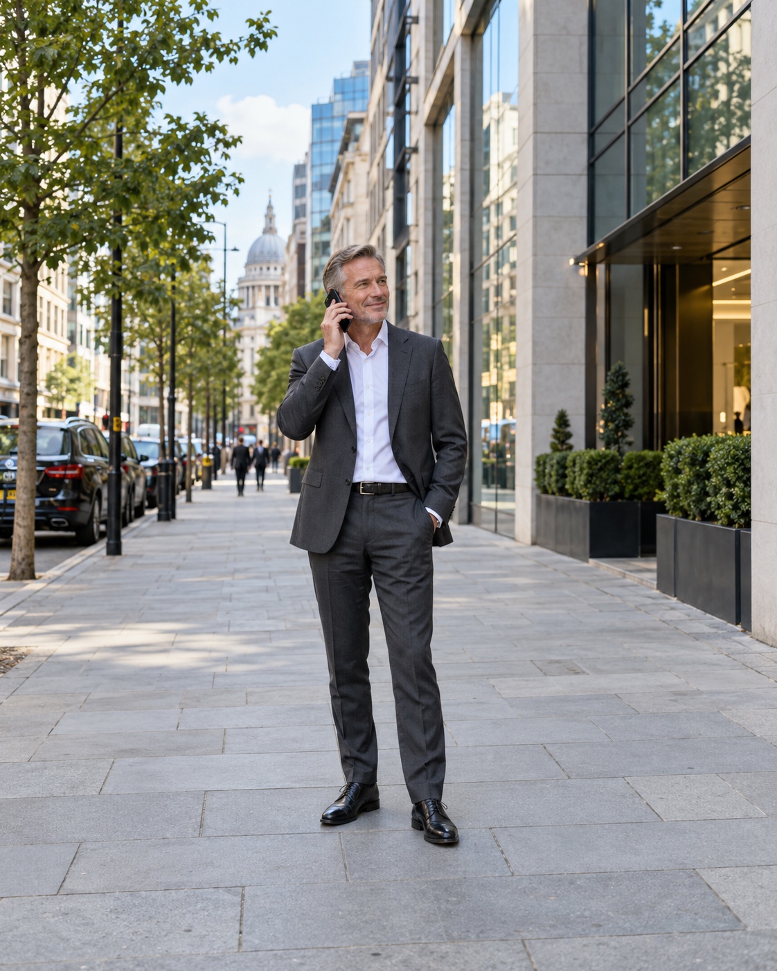 A professional in his fifties taking a business call on a city street outside modern offices